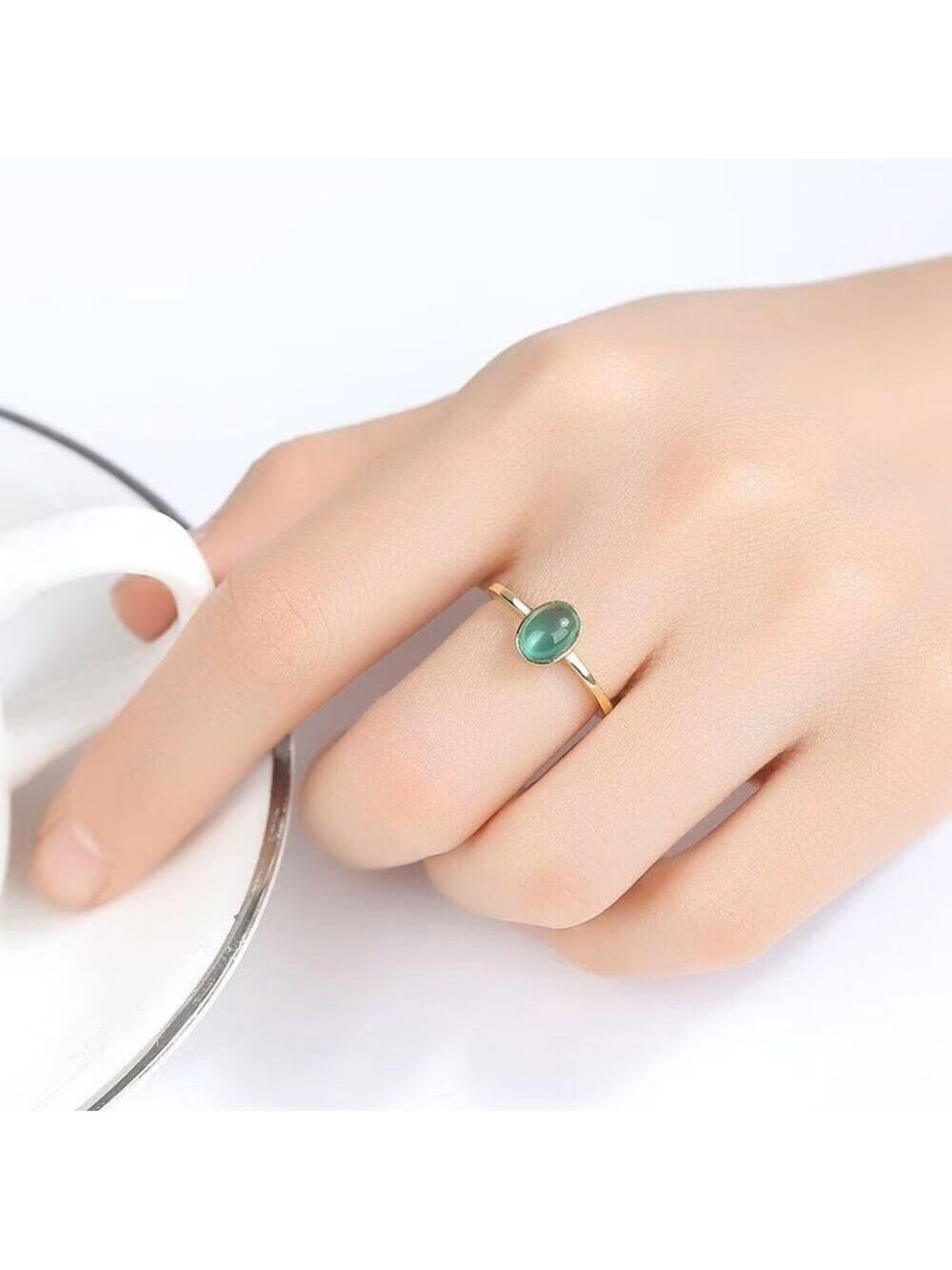 18k Gold Plated over 925 sterling silver Cabochon 7x5 created oval Emerald Ring